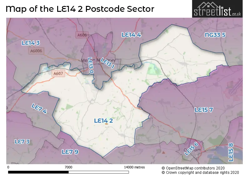 Map of the LE14 2 and surrounding postcode sector