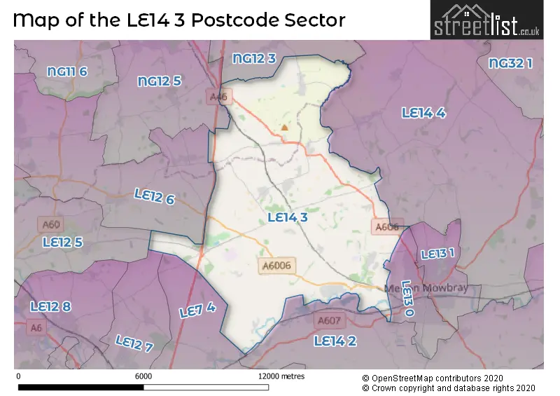 Map of the LE14 3 and surrounding postcode sector