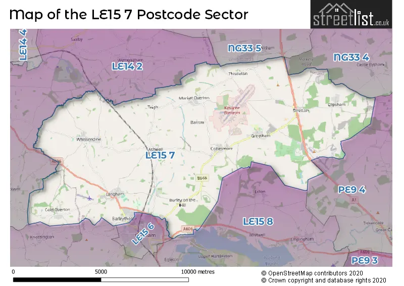 Map of the LE15 7 and surrounding postcode sector