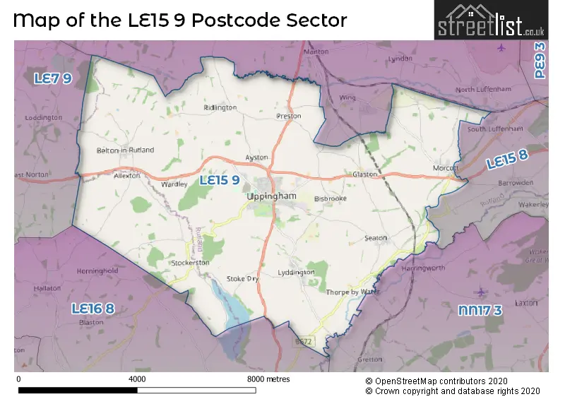 Map of the LE15 9 and surrounding postcode sector