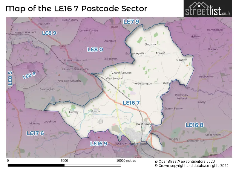 Map of the LE16 7 and surrounding postcode sector