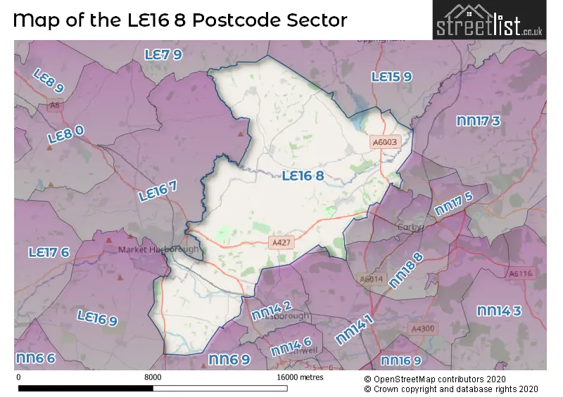 Map of the LE16 8 and surrounding postcode sector