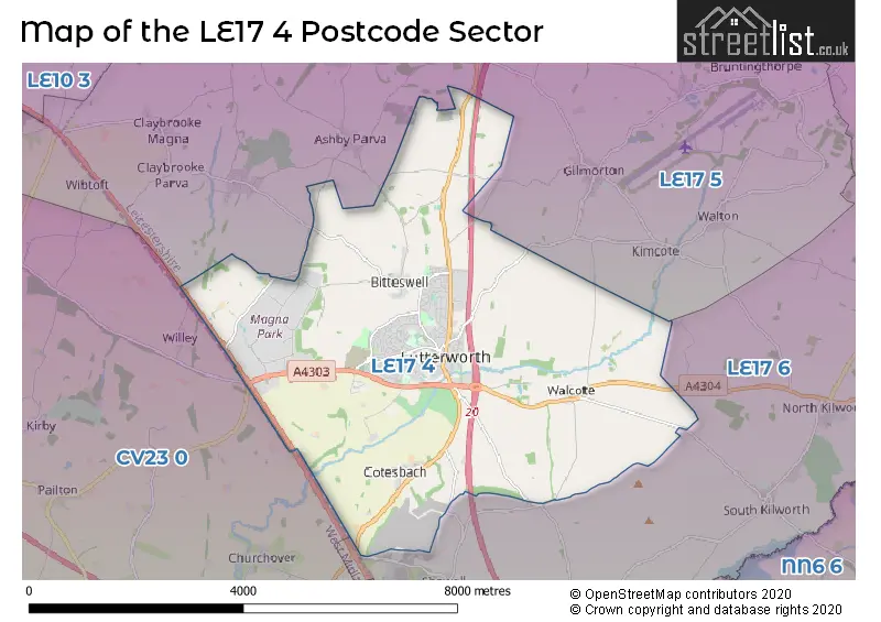 Map of the LE17 4 and surrounding postcode sector