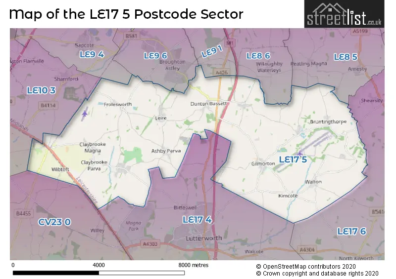 Map of the LE17 5 and surrounding postcode sector