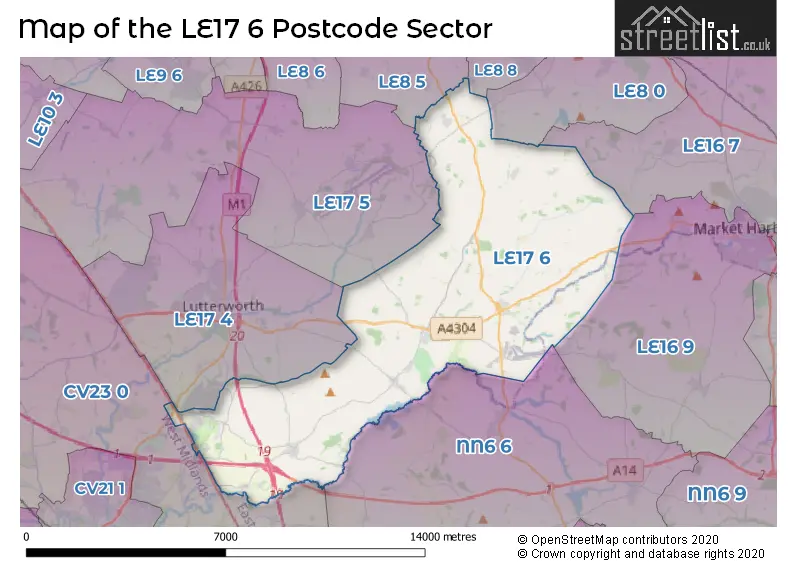 Map of the LE17 6 and surrounding postcode sector