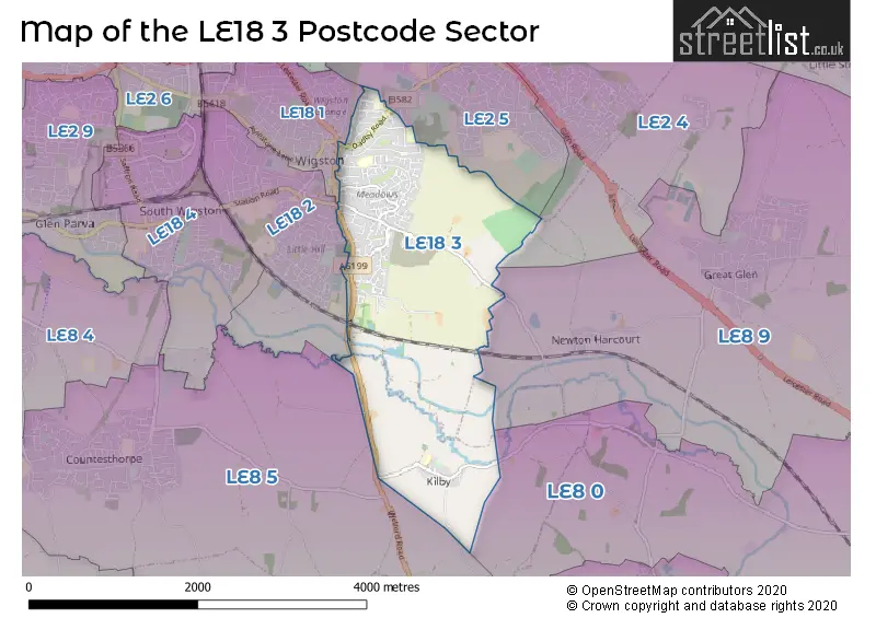 Map of the LE18 3 and surrounding postcode sector
