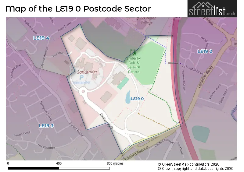 Map of the LE19 0 and surrounding postcode sector