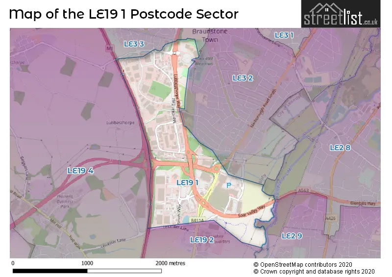 Map of the LE19 1 and surrounding postcode sector