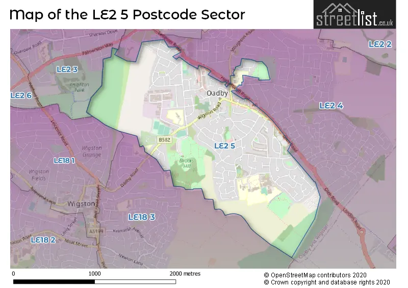 Map of the LE2 5 and surrounding postcode sector