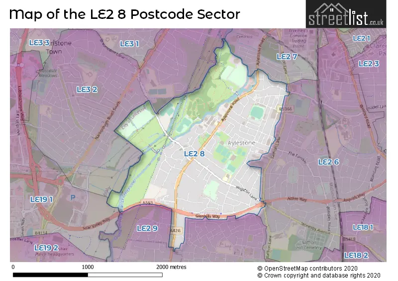 Map of the LE2 8 and surrounding postcode sector