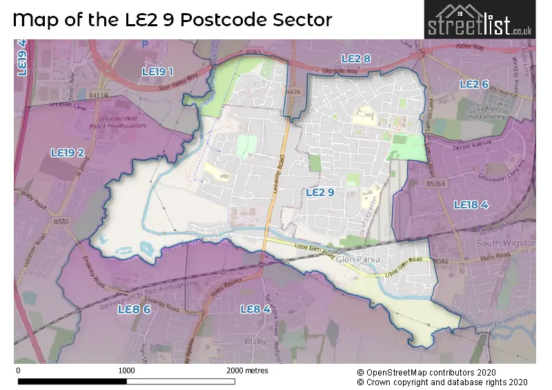 Map of the LE2 9 and surrounding postcode sector