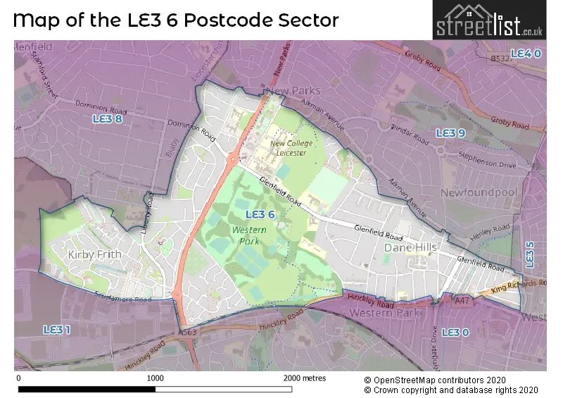 Map of the LE3 6 and surrounding postcode sector