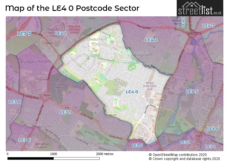 Map of the LE4 0 and surrounding postcode sector