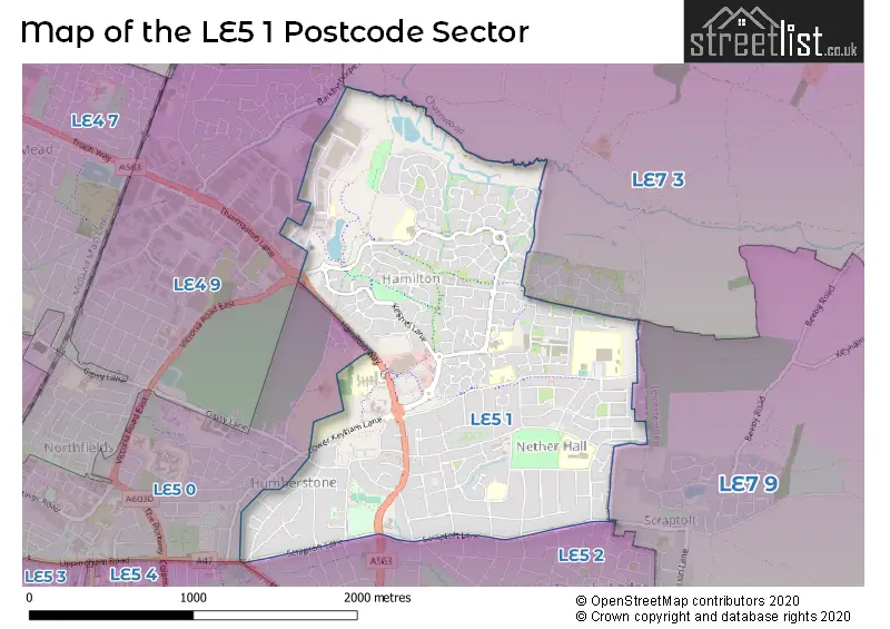 Map of the LE5 1 and surrounding postcode sector