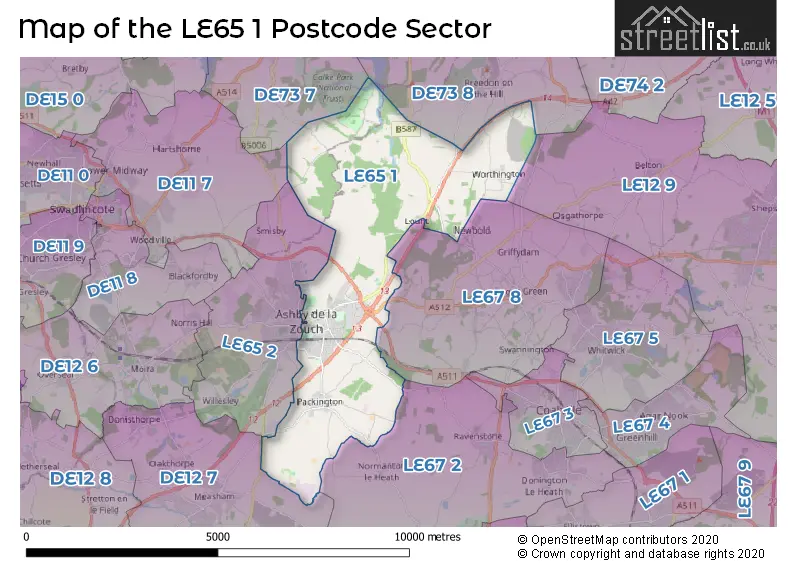 Map of the LE65 1 and surrounding postcode sector