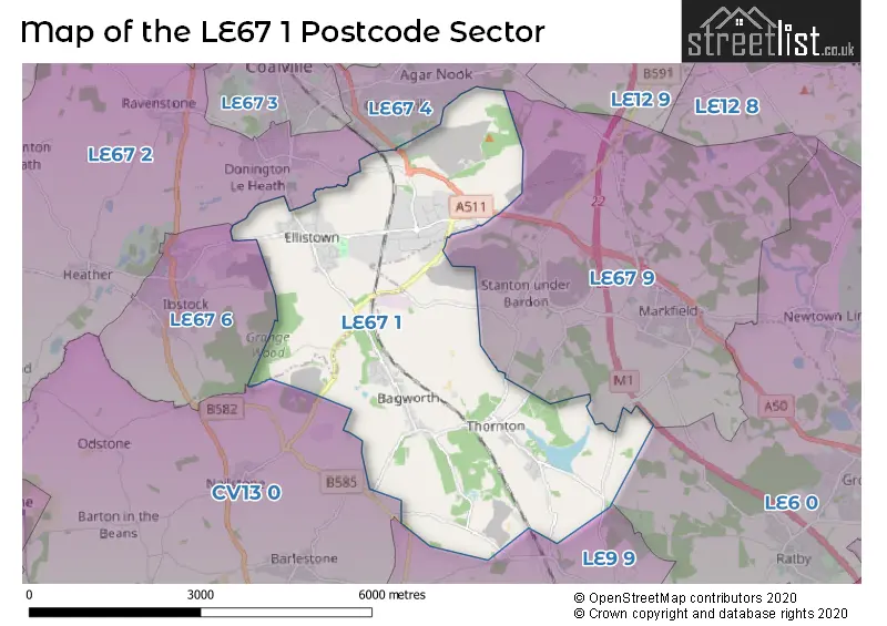 Map of the LE67 1 and surrounding postcode sector