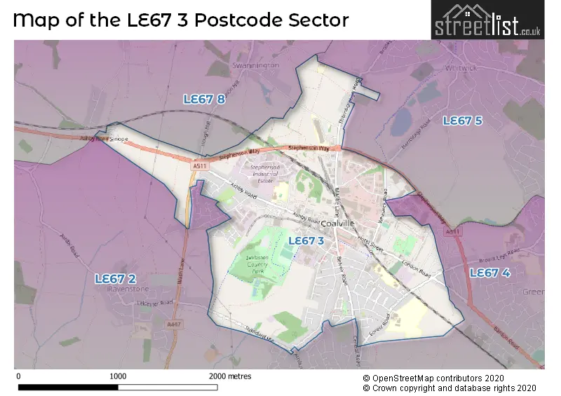 Map of the LE67 3 and surrounding postcode sector