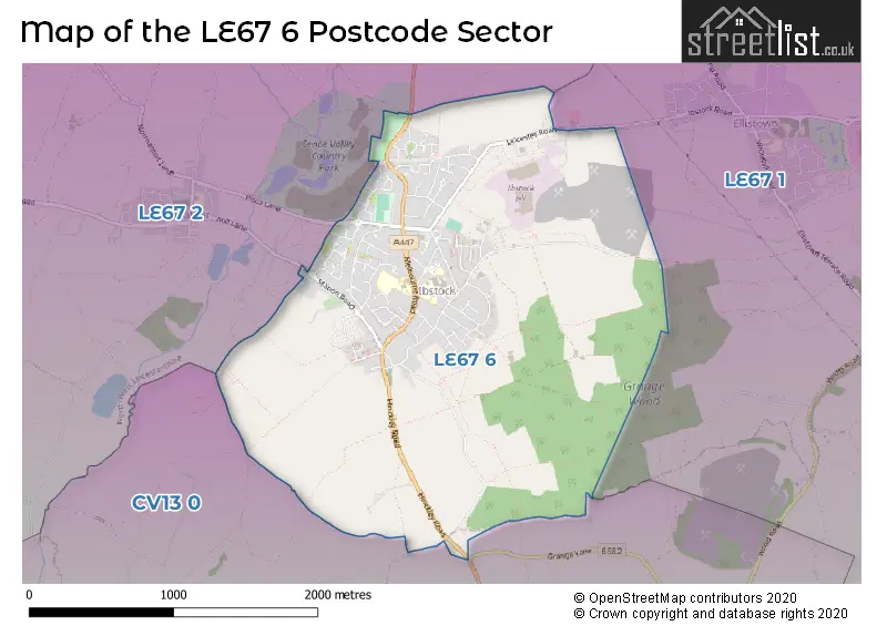 Map of the LE67 6 and surrounding postcode sector