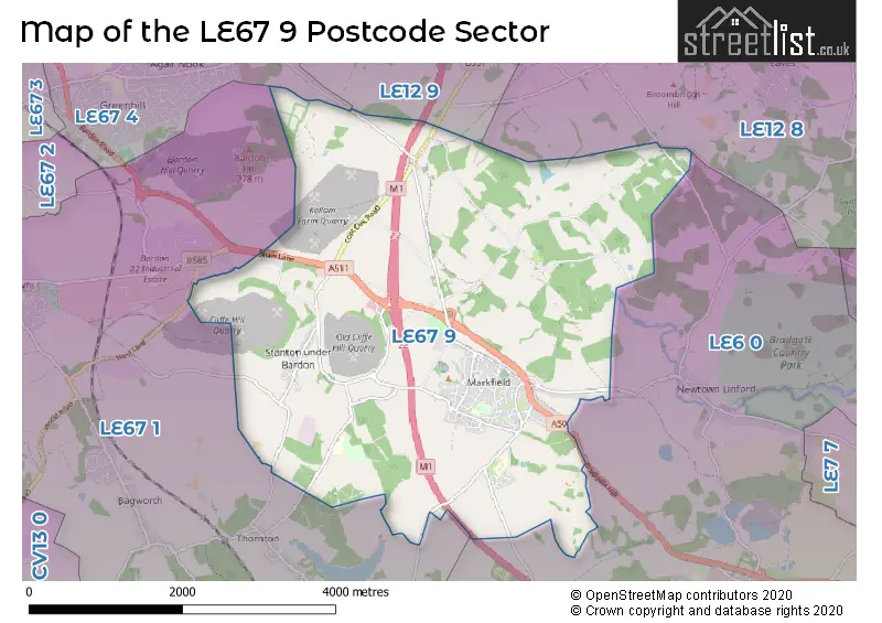 Map of the LE67 9 and surrounding postcode sector