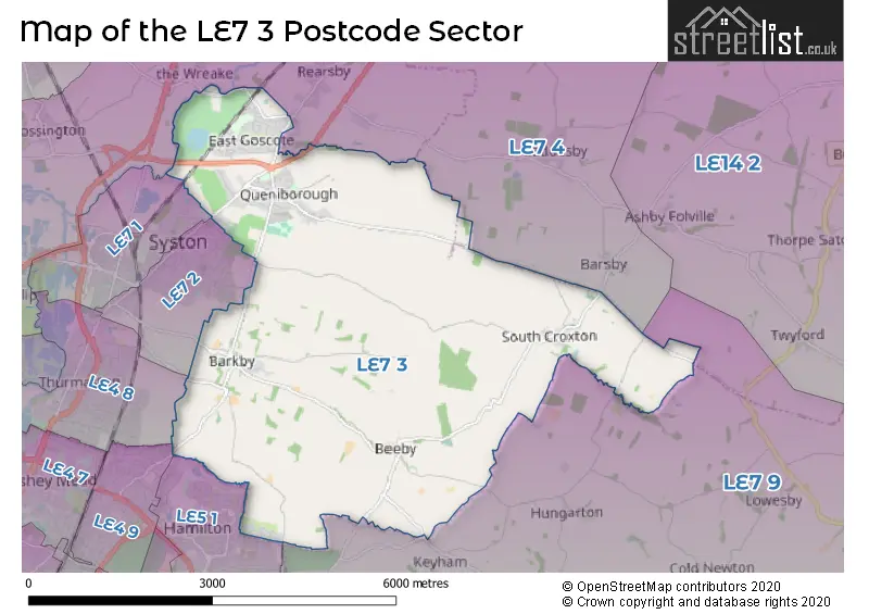 Map of the LE7 3 and surrounding postcode sector