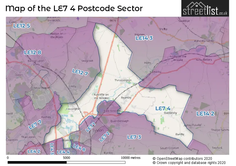 Map of the LE7 4 and surrounding postcode sector