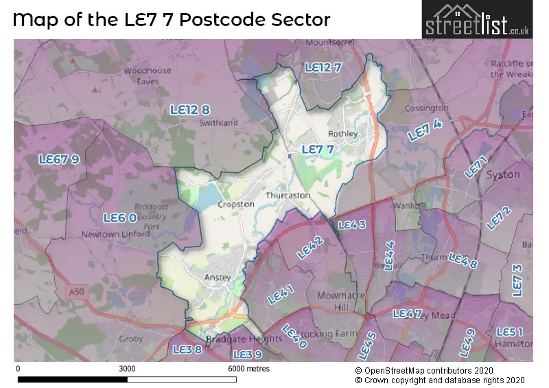 Map of the LE7 7 and surrounding postcode sector