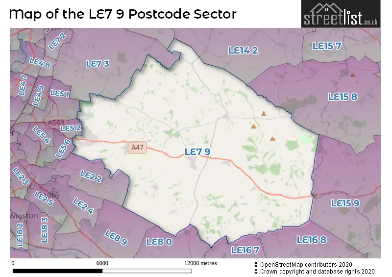Map of the LE7 9 and surrounding postcode sector