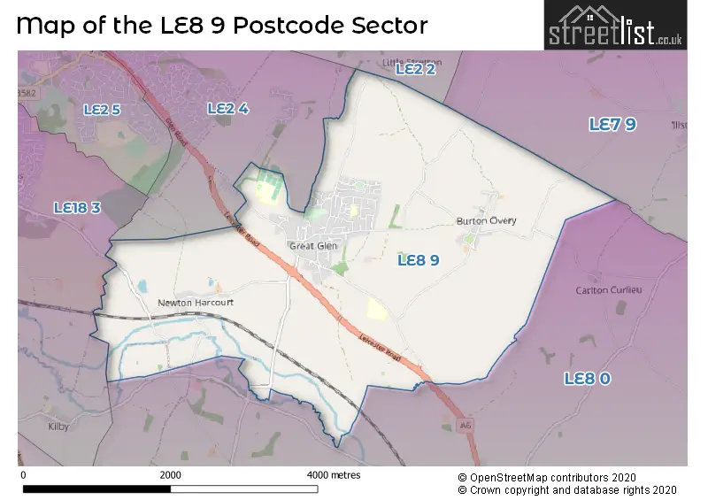 Map of the LE8 9 and surrounding postcode sector