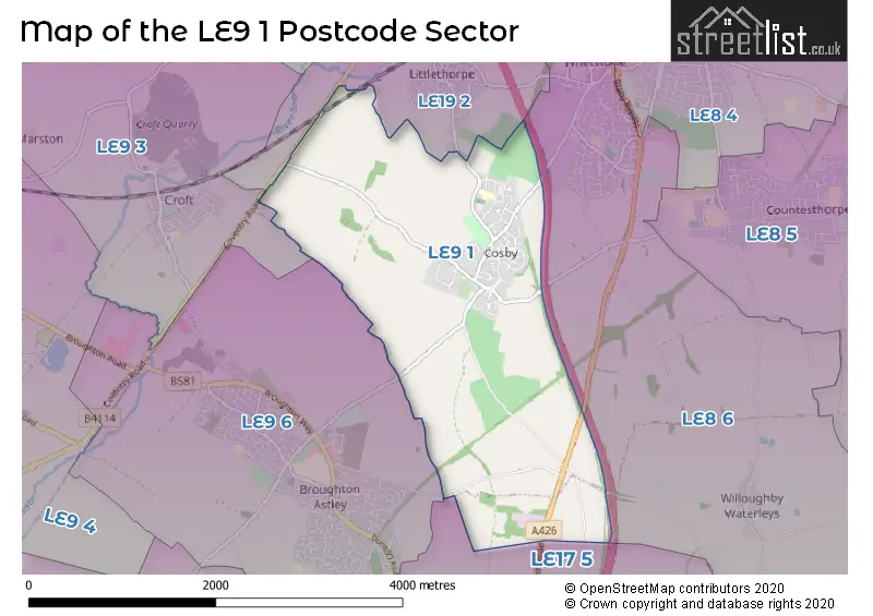 Map of the LE9 1 and surrounding postcode sector
