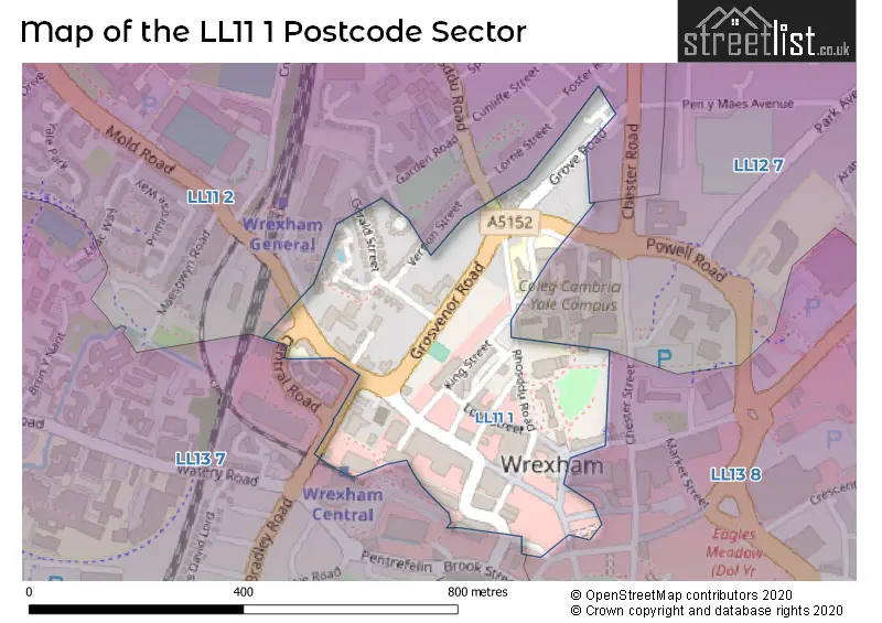 Map of the LL11 1 and surrounding postcode sector
