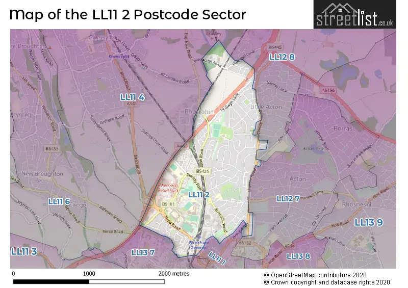 Map of the LL11 2 and surrounding postcode sector