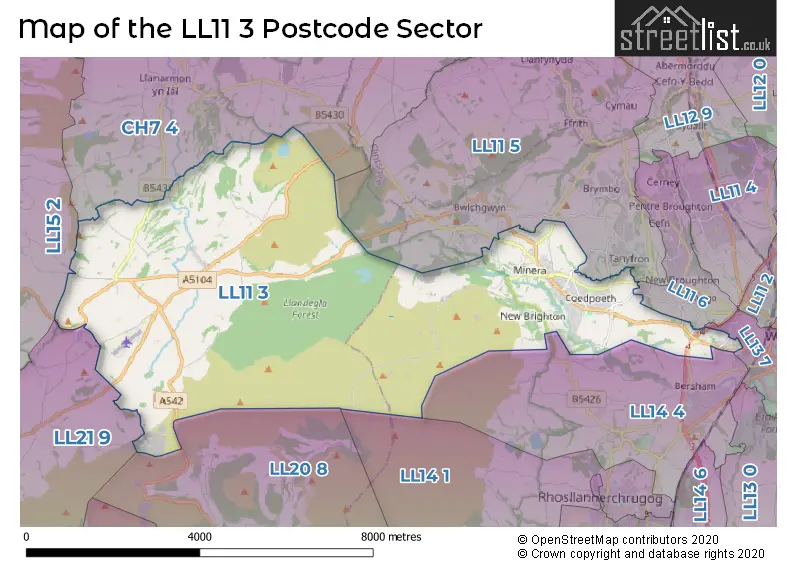 Map of the LL11 3 and surrounding postcode sector