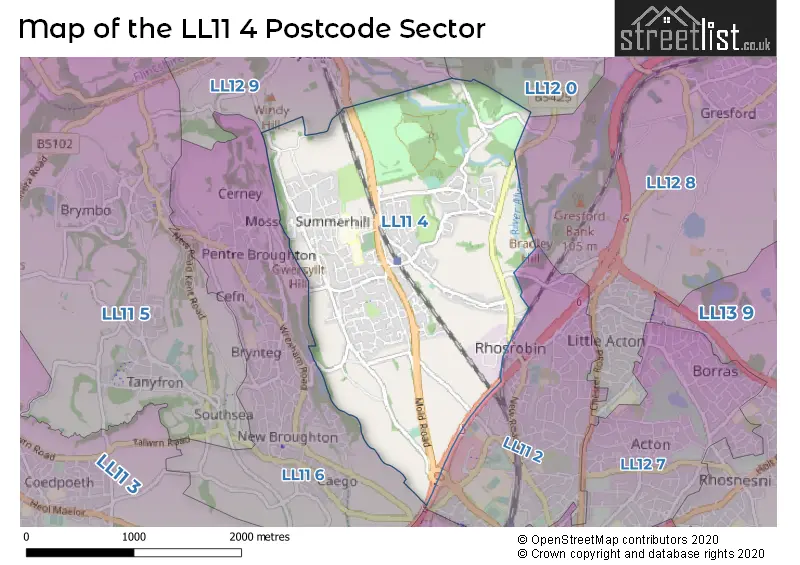 Map of the LL11 4 and surrounding postcode sector
