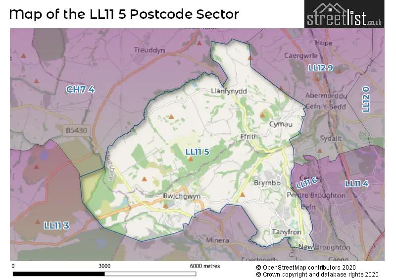 Map of the LL11 5 and surrounding postcode sector