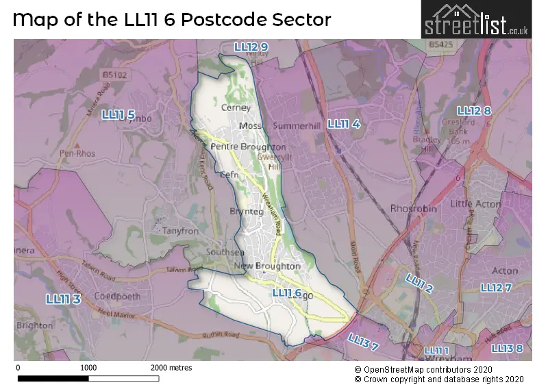 Map of the LL11 6 and surrounding postcode sector