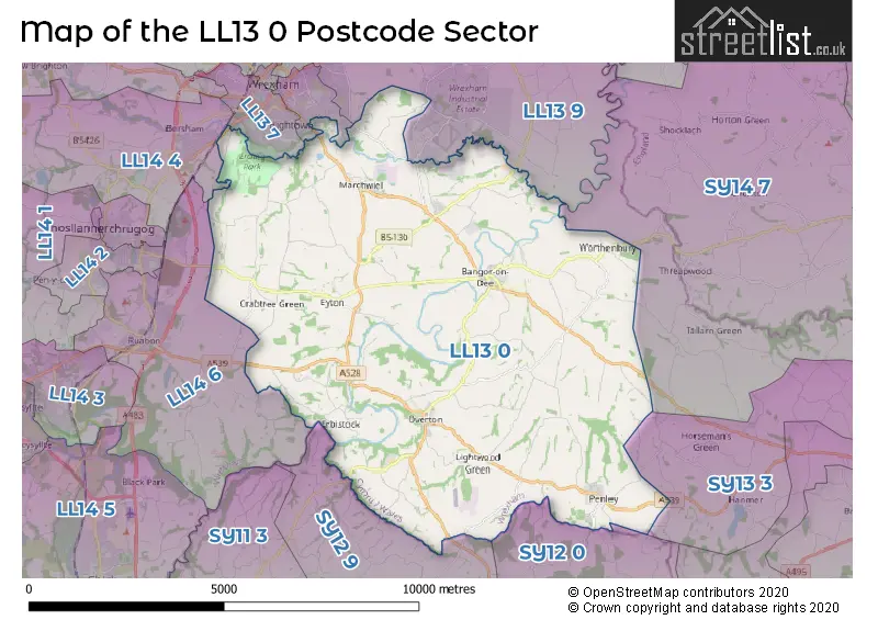 Map of the LL13 0 and surrounding postcode sector