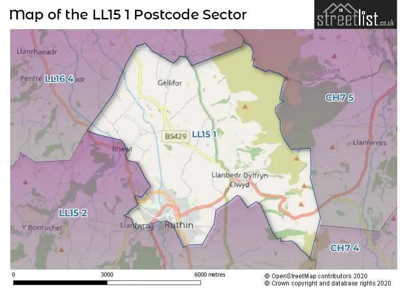 Map of the LL15 1 and surrounding postcode sector