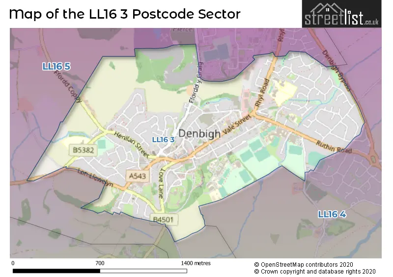 Map of the LL16 3 and surrounding postcode sector