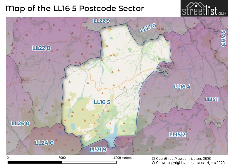 Map of the LL16 5 and surrounding postcode sector