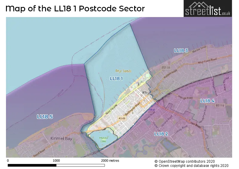 Map of the LL18 1 and surrounding postcode sector