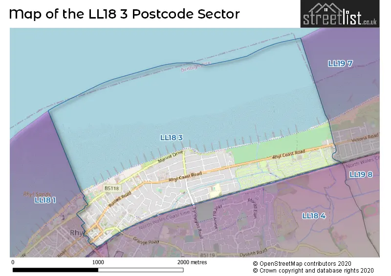 Map of the LL18 3 and surrounding postcode sector