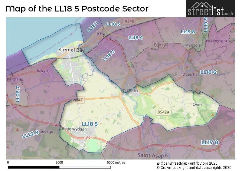 Map of the LL18 5 and surrounding postcode sector