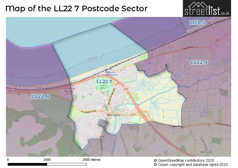 Map of the LL22 7 and surrounding postcode sector