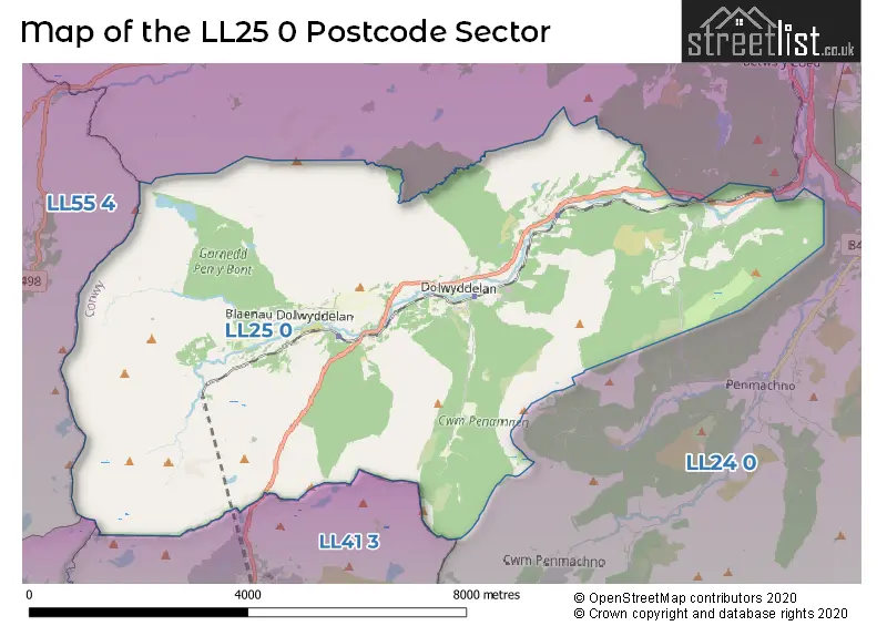 Map of the LL25 0 and surrounding postcode sector