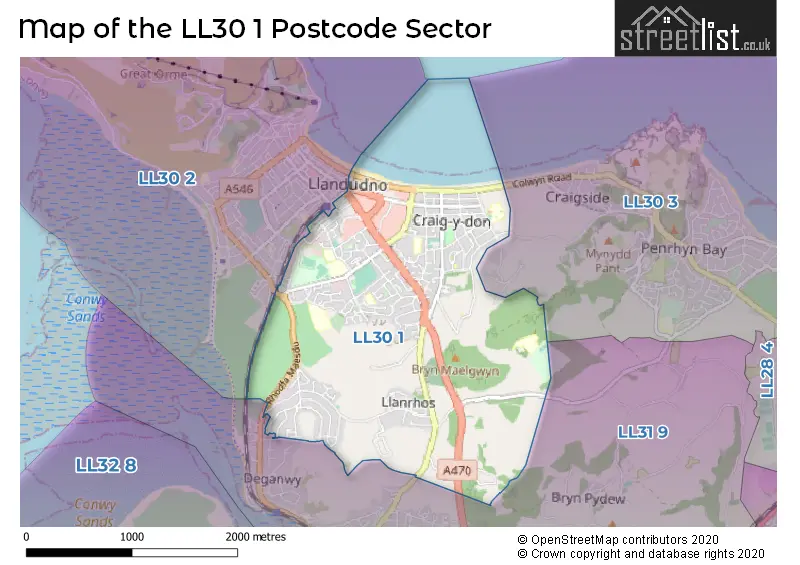 Map of the LL30 1 and surrounding postcode sector