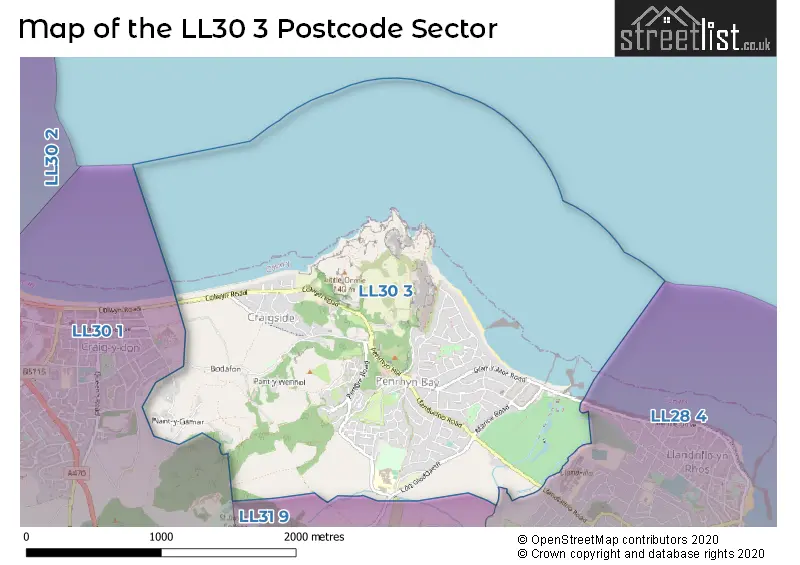Map of the LL30 3 and surrounding postcode sector