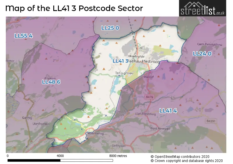 Map of the LL41 3 and surrounding postcode sector