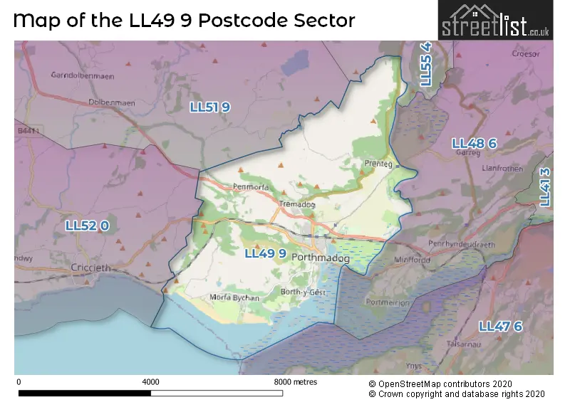Map of the LL49 9 and surrounding postcode sector