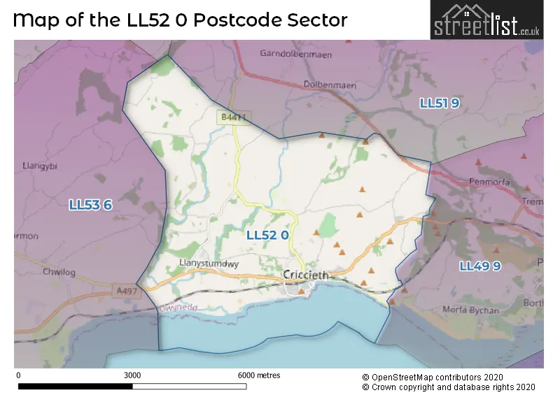 Map of the LL52 0 and surrounding postcode sector