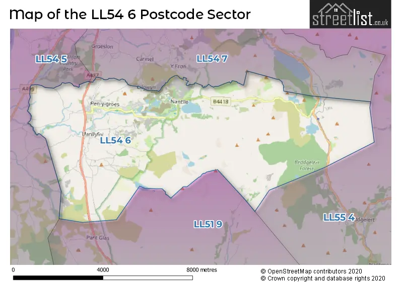 Map of the LL54 6 and surrounding postcode sector